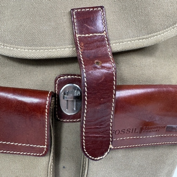 Fossil Green Canvas Brown Leather-Trim Backpack Travel Bag - Picture 2 of 13